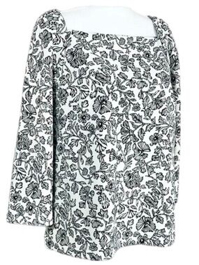 Melloday Cream Black Floral Blouse NWT Large Square Neck Puff Sleeve Top